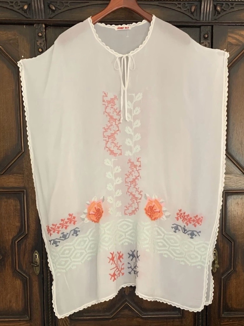 Johnny Was embroidered cover up tunic top with Scalloped Trim